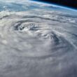 Satellite view of a hurricane spiraling over the Atlantic